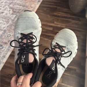 On Running Grey and Tan Athletic Shoes with Breathable Knit